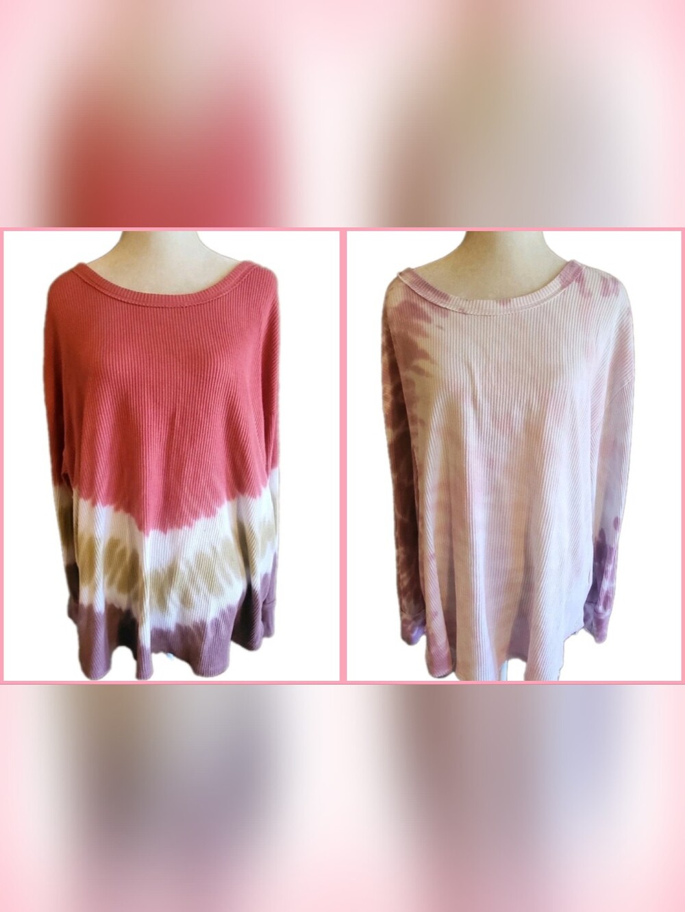 Terra & Sky Womens Plus 2X Pink Purple Tie Dye Waffle Knit  Top Long Sleeve